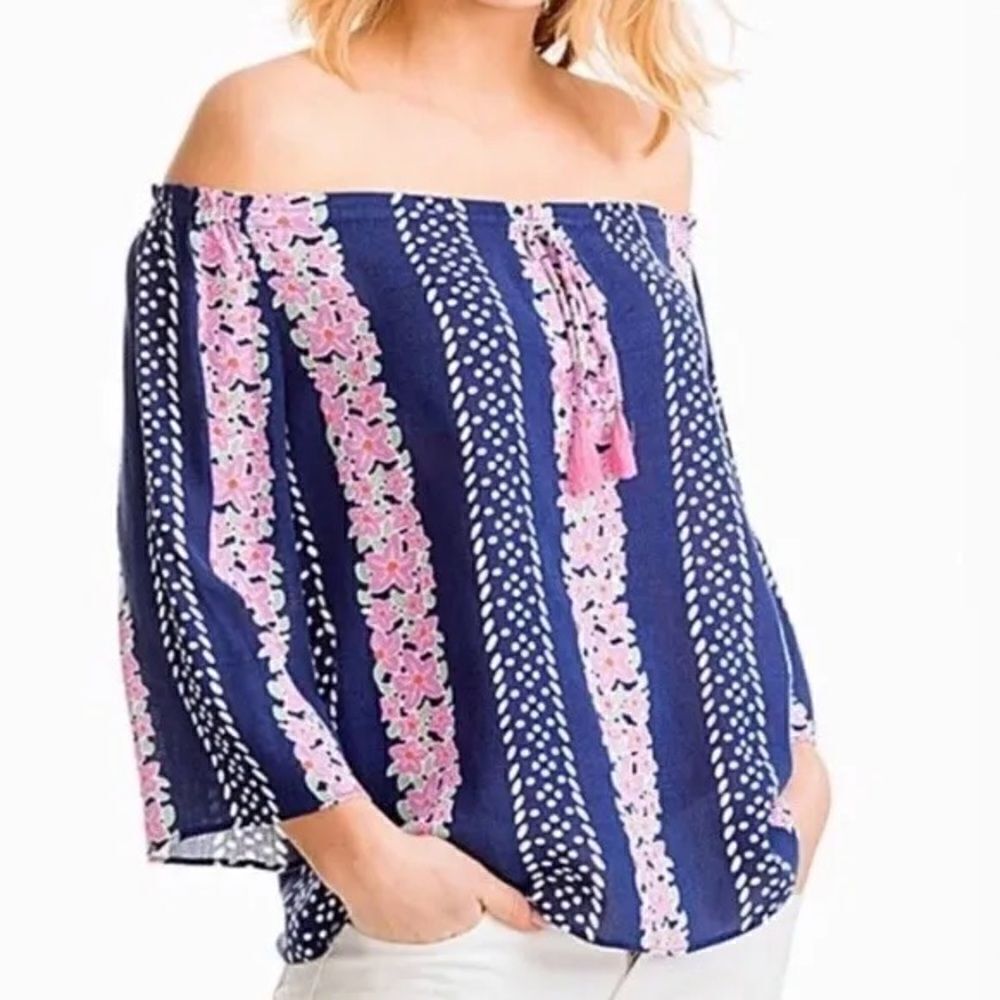 NWT Southern Tide  Mackenzie Blue Night Off-Shoulder Top Sz XS